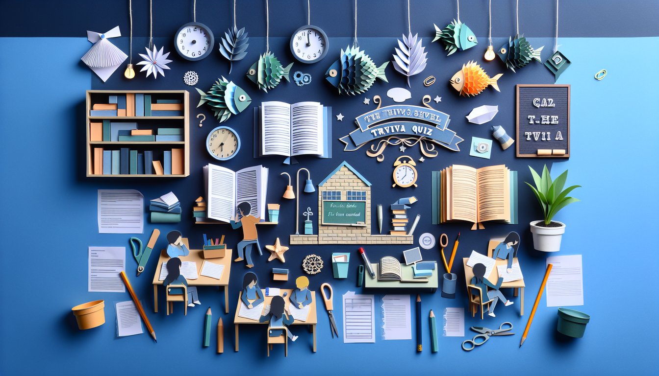 Colorful paper art promoting Fish Cheeks Uncovered trivia quiz for high school English students.