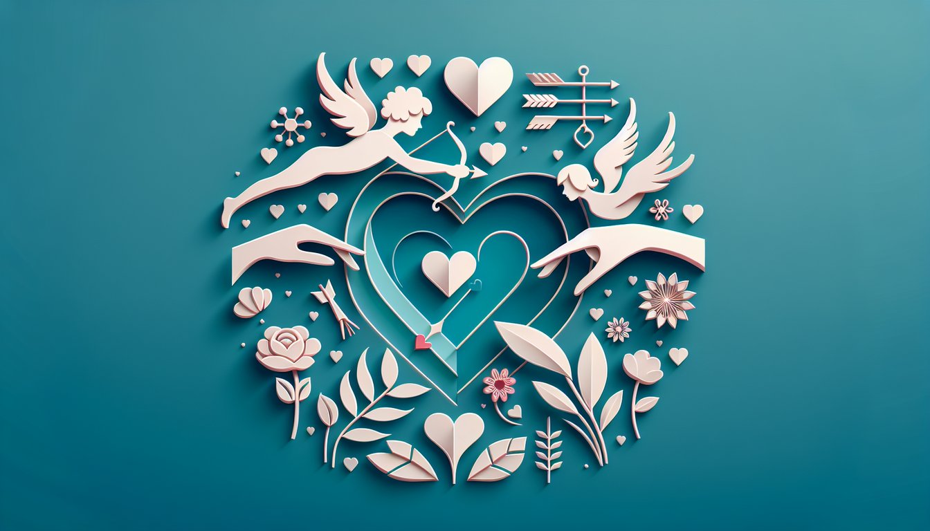 paper art illustration of hearts and quiz elements on teal background for a free quiz testing knowledge of love types
