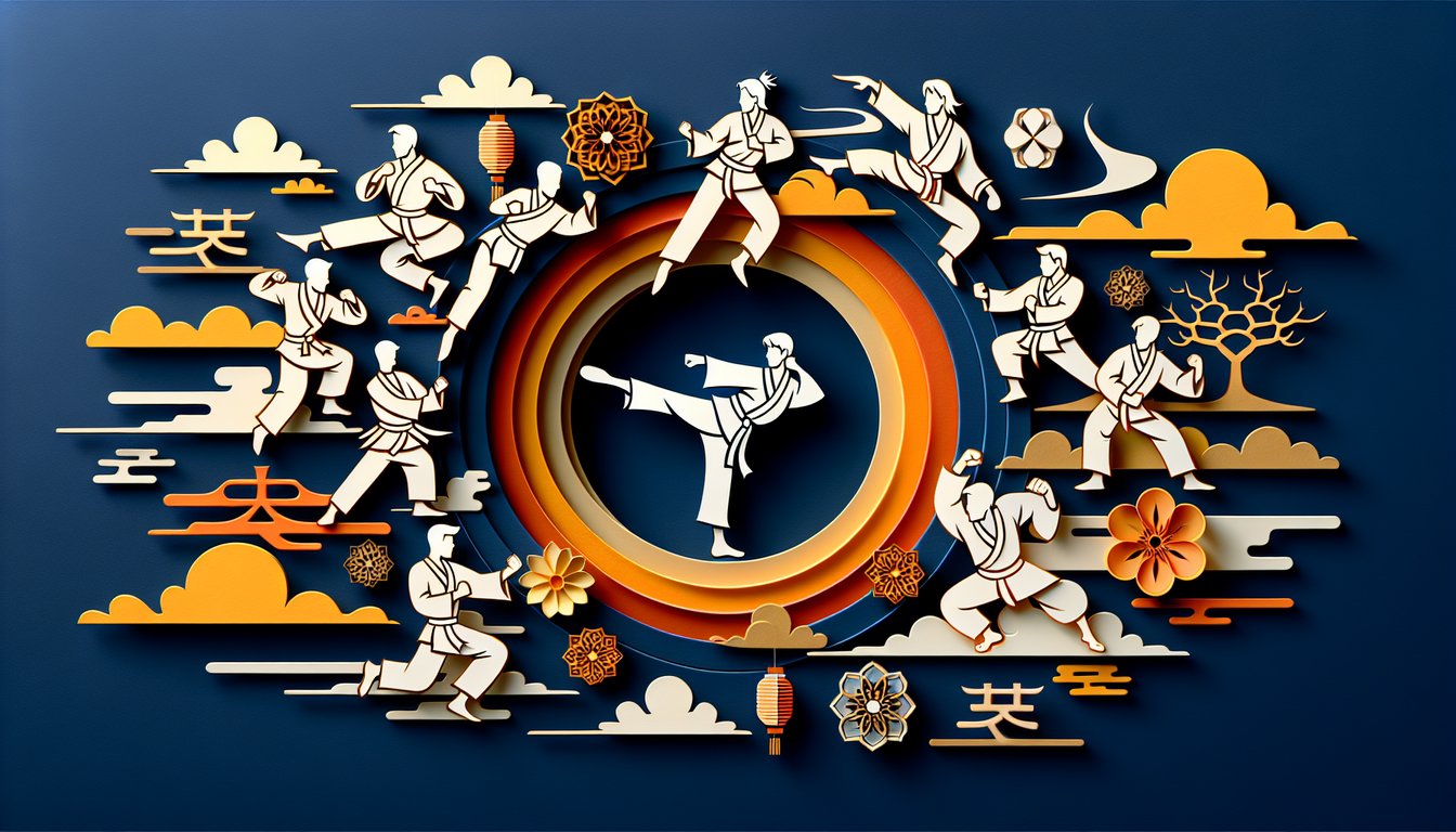 Paper cut style Cobra Kai dojo illustration with stylized fighters and quiz title on dark blue background