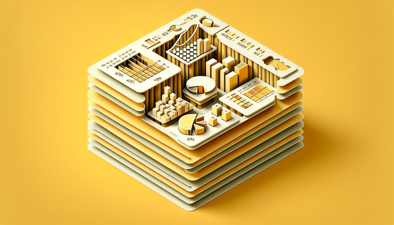 Paper art illustration for MCQ quiz on Excel tables and pivot tables on golden yellow background