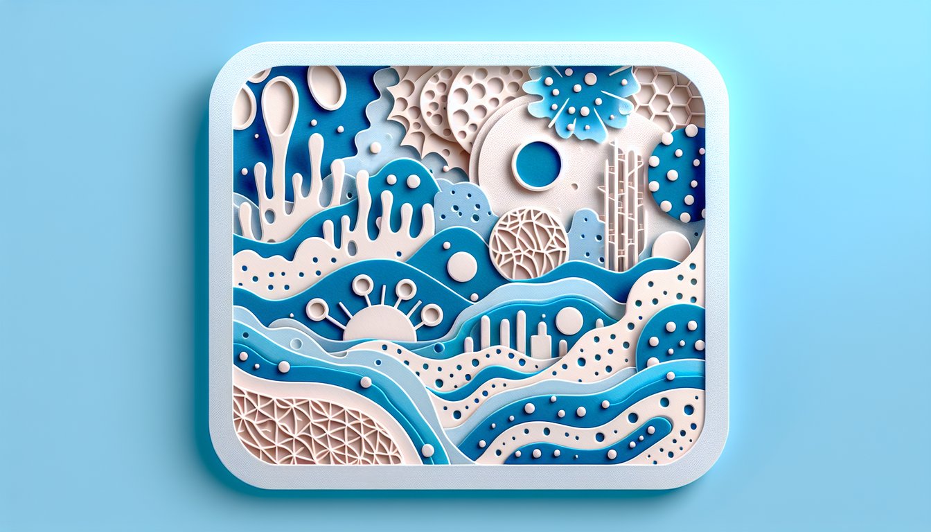 Paper art illustration on sky blue background showing skin layers milia lesions and discoloration for Milady Chapter 8 quiz