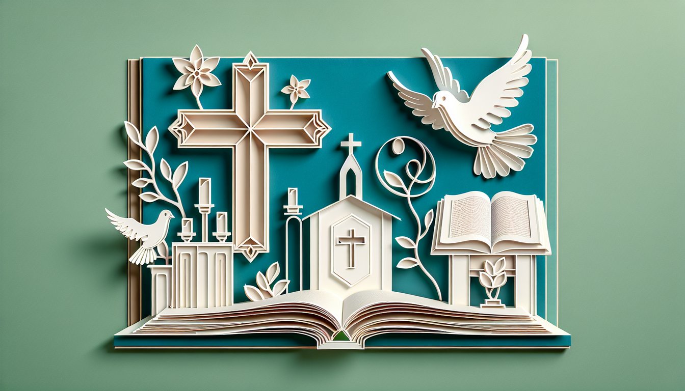 Layered paper art style open Bible, church cross, question mark icons on teal background