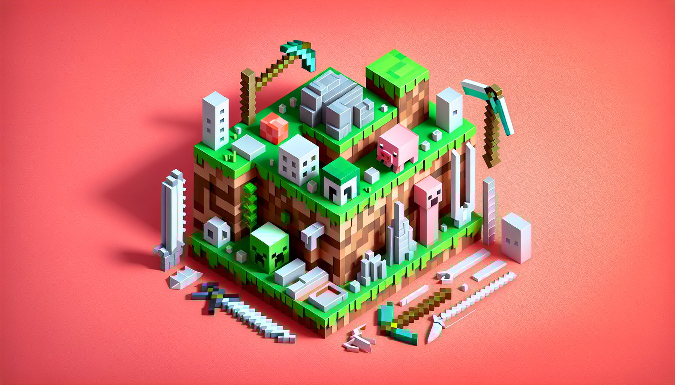 Paper art style quiz prompt on coral background with blocky Minecraft icons and text inviting to test Minecraft addiction