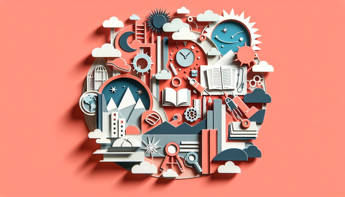 Paper art illustration for Harrison Bergeron quiz on a coral background