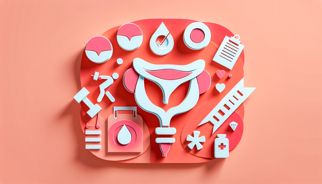 Paper art illustration of bladder icon and checklist on coral background promoting free interstitial cystitis symptoms quiz
