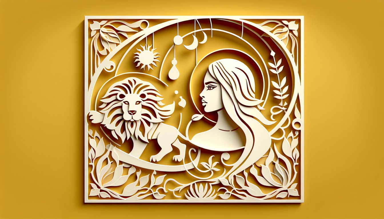 Paper art quiz banner featuring a confident Leo woman with lion motif and trivia icons on golden yellow background.