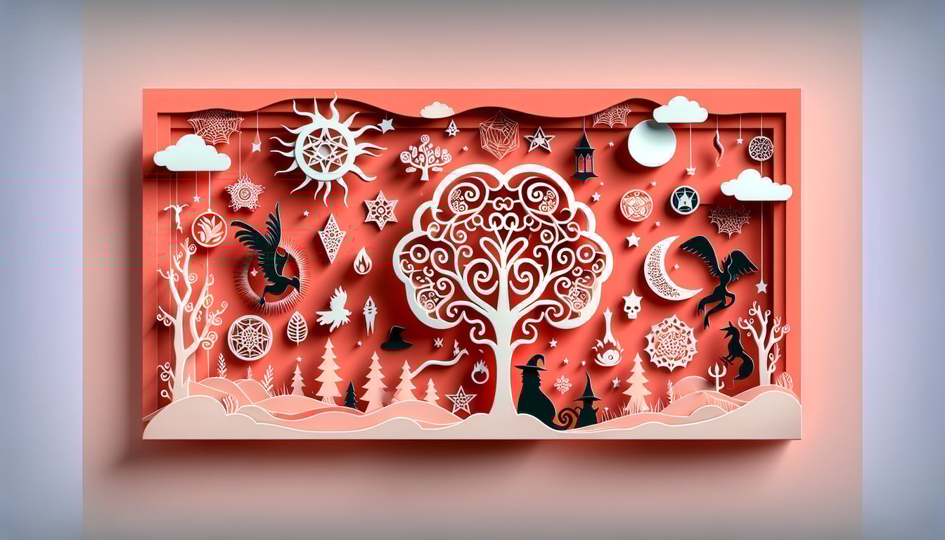Paper art illustration for Owl House coven quiz on a coral background.