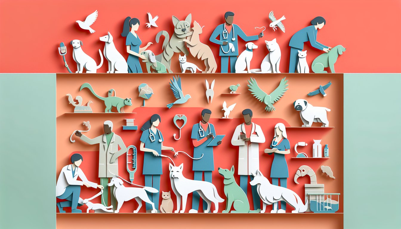 Paper art depicting a veterinarian quiz on a coral background