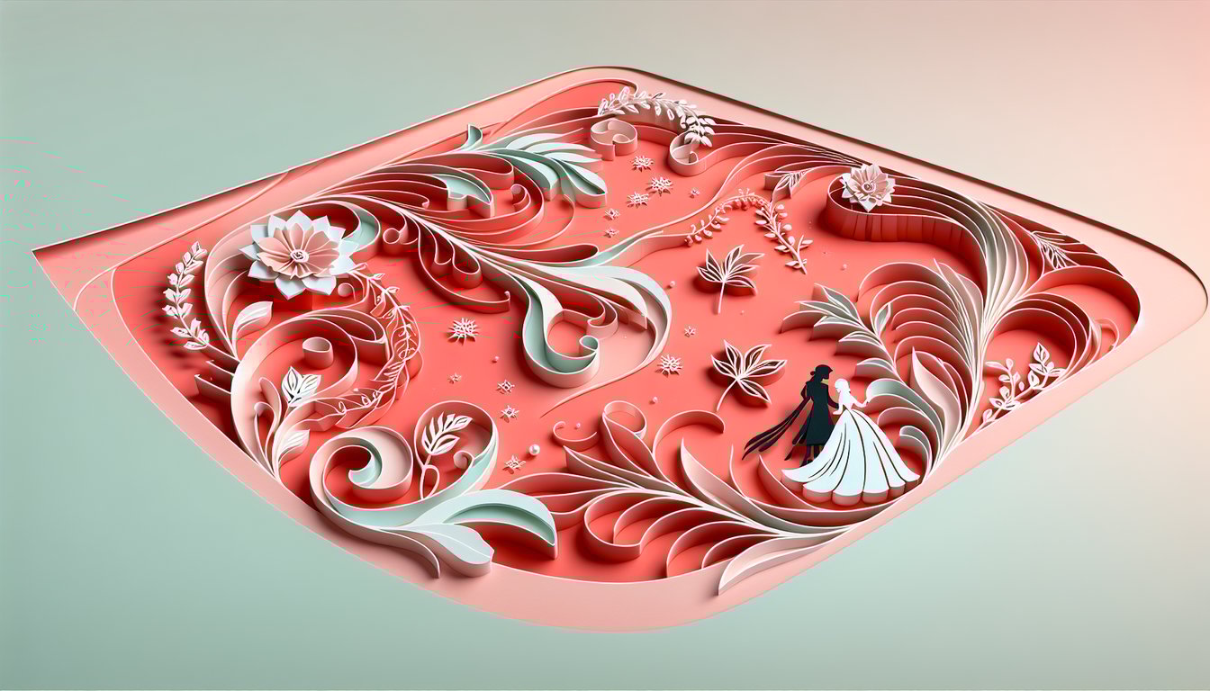 paper art illustration for quiz shows colonial woman with scarlet letter A and child Pearl on coral background