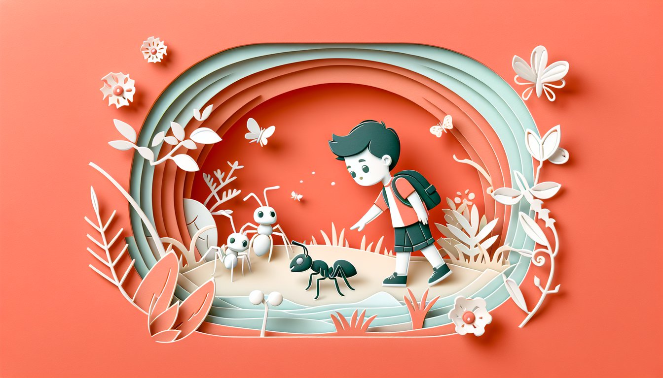 Paper art coral background showing Lucas and Wilby exploring ant colony tunnels with stylized ants for a quiz.