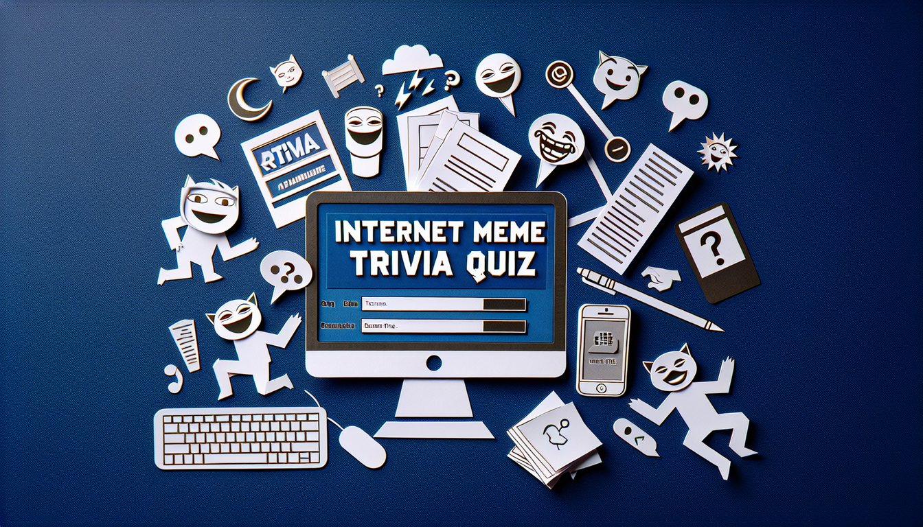 Colorful paper art displaying questions for Internet Meme Trivia Quiz.