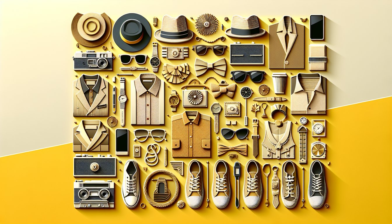 Paper art collage of hats sunglasses and stars evokes style confidence swag quiz vibe on golden yellow background