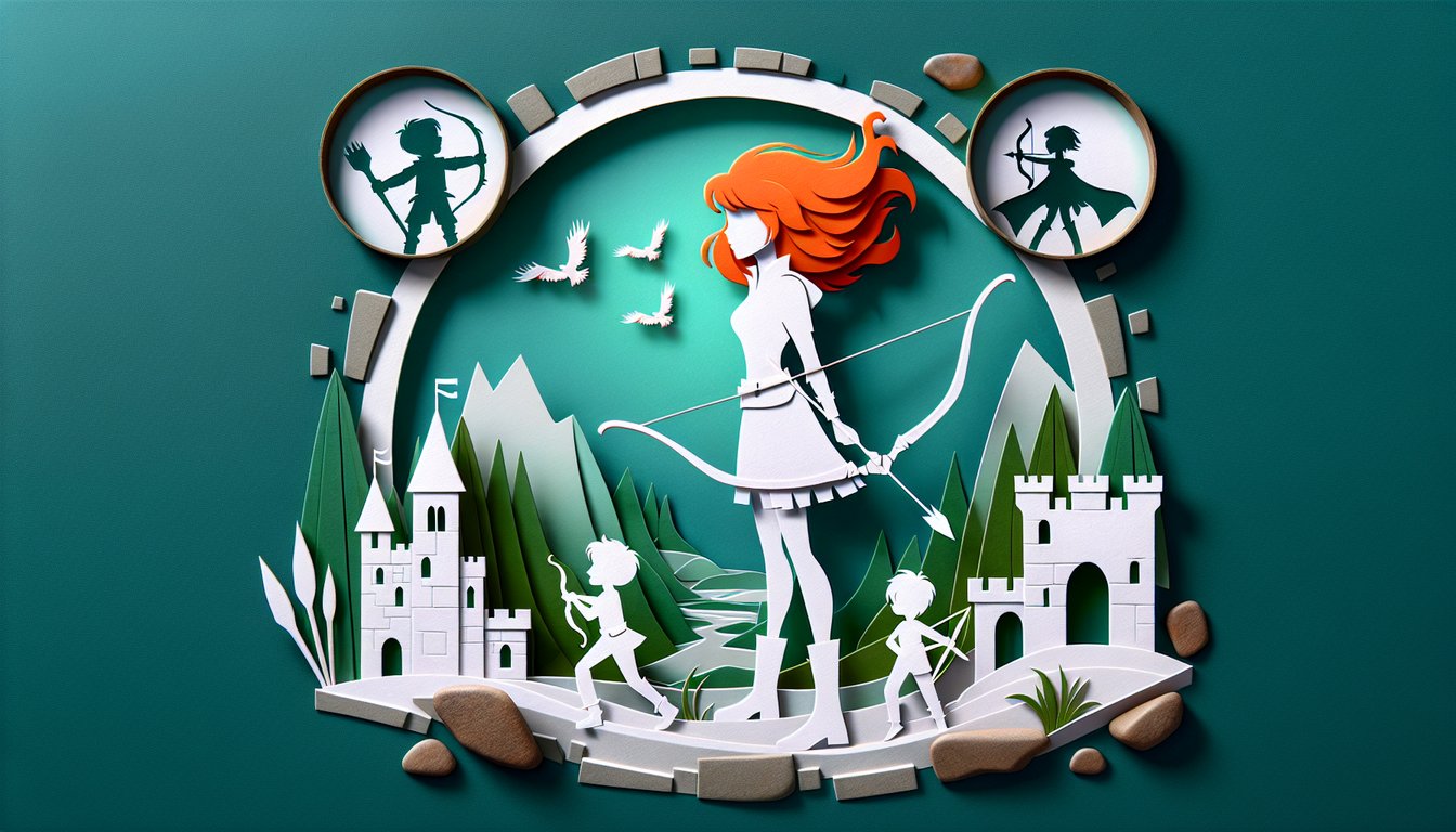 paper cut illustration disney pixar brave quiz featuring merida bow arrow clans typography on teal background