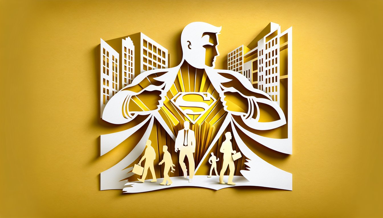Paper art illustration on golden yellow background with layered superhero silhouettes quiz title cutout figure elements