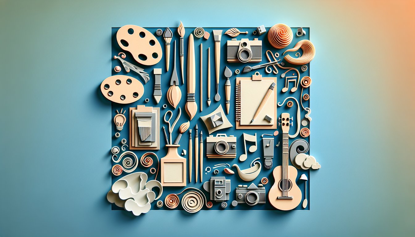 Paper art palette brushes abstract shapes on sky blue background, inviting users to take a creative personality quiz