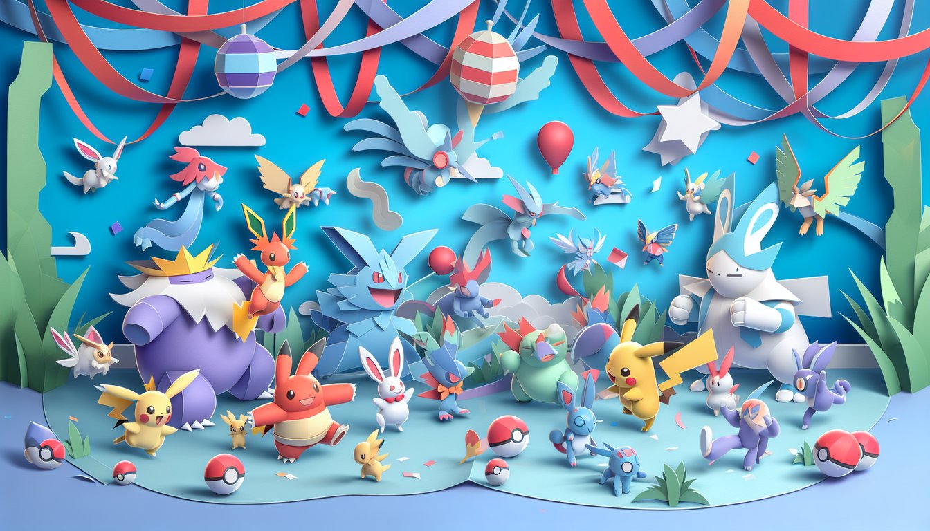 Paper art on sky blue background with pokeball badge icons pokemon silhouettes and callout text for gym leader quiz