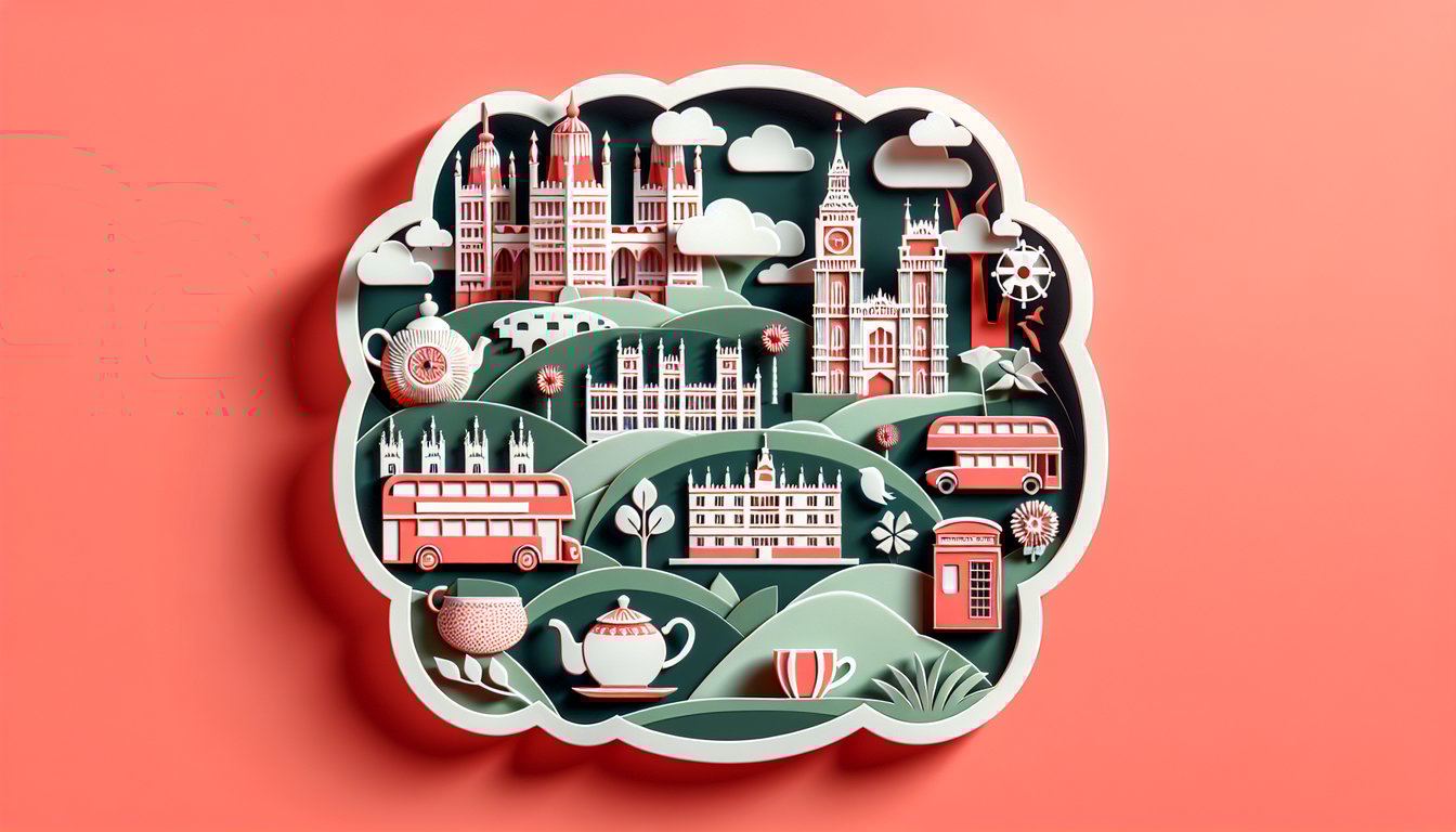 Paper art illustration featuring Big Ben Union Jack red telephone box quiz icons on coral background