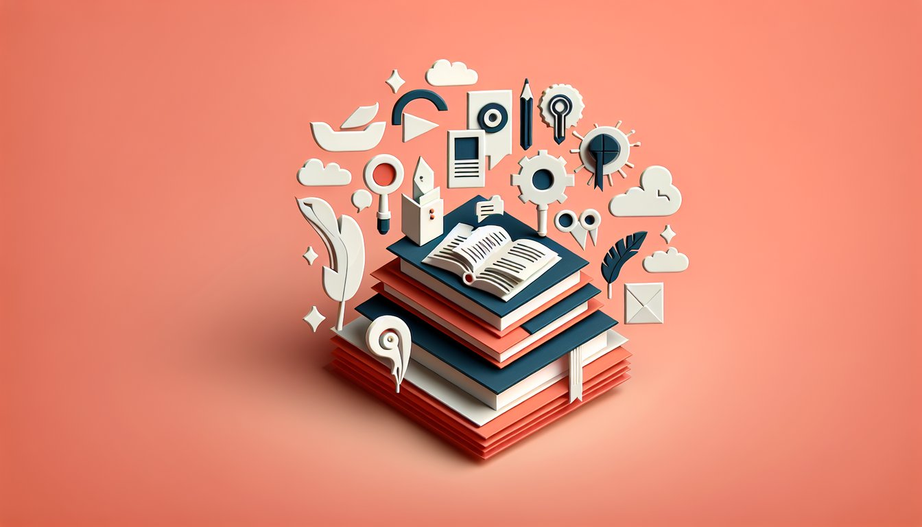 Paper art illustration of quiz materials book pen notes on coral background for free AP English Language quiz