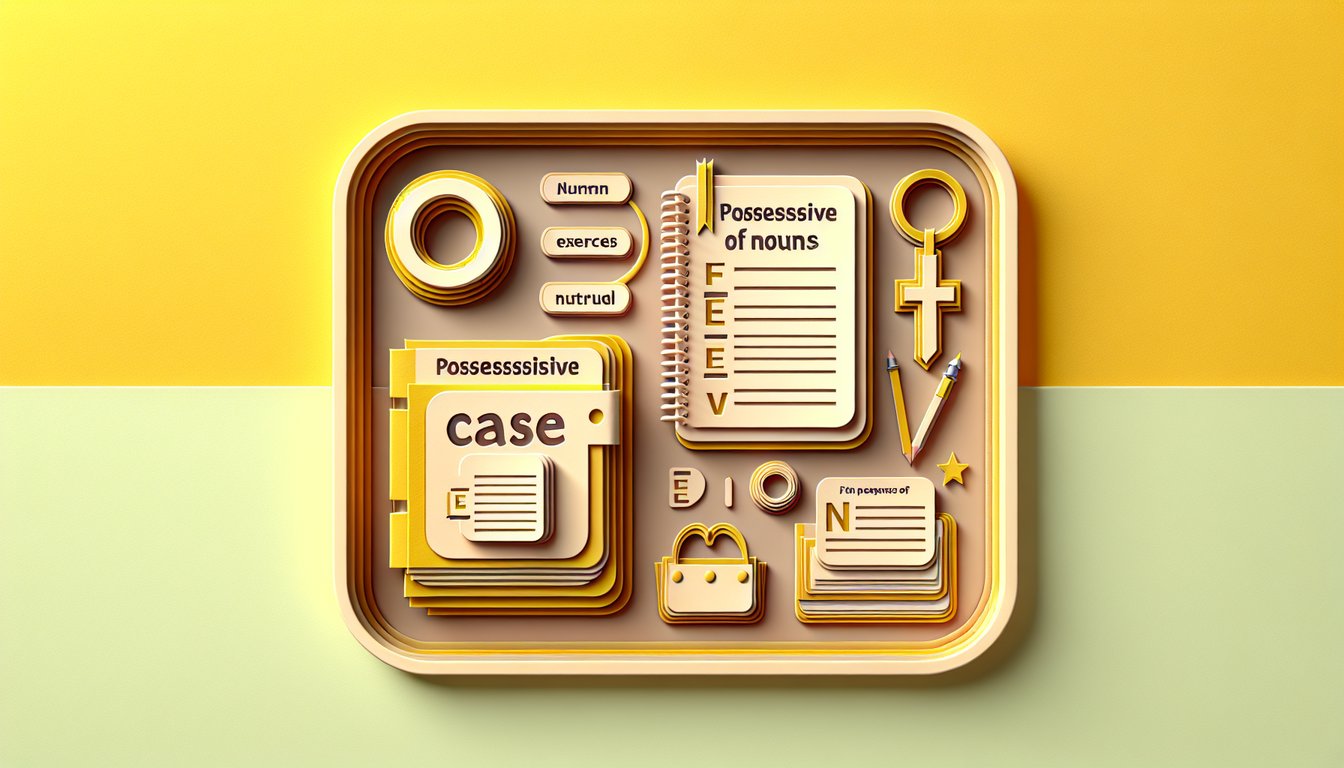 Paper art scene with letters and nouns illustrating possessive case quiz on golden yellow background