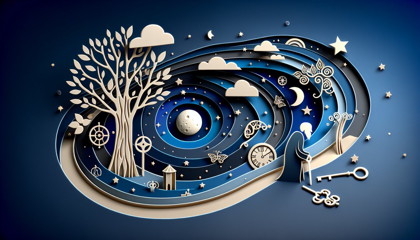 Paper art illustration for Old Soul quiz on a dark blue background.
