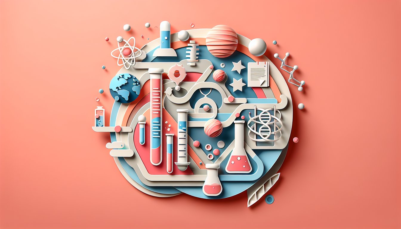 Paper art illustration for a free basic science quiz on a coral background