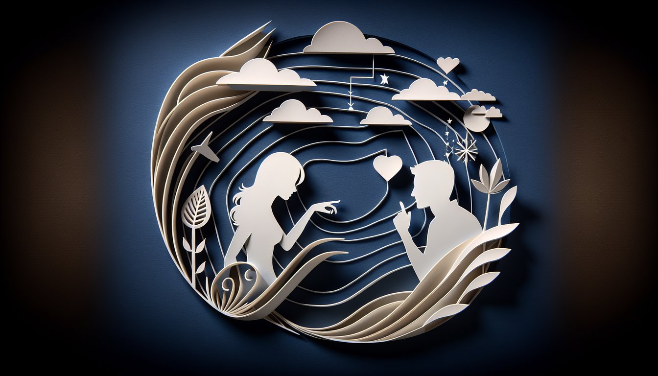 paper cut hearts and chat bubbles floating above smiling couple silhouette on dark blue background