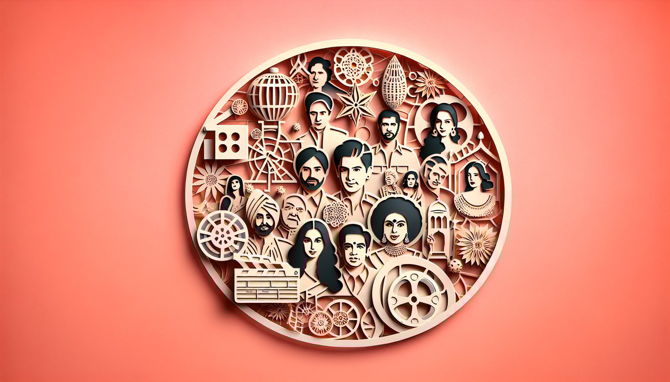 paper art illustration for a Bollywood actress quiz on coral background featuring film reels and play icon