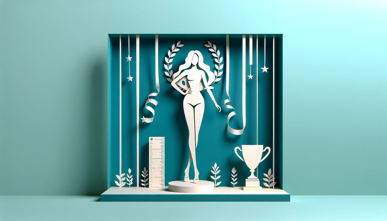 Paper cut art silhouette of Adriana Karembeu tall figure with long legs and Guinness record medal quiz on teal background