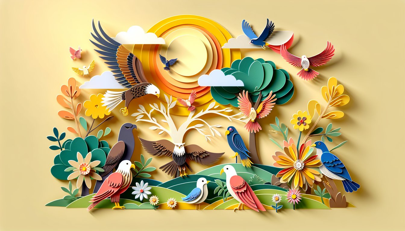 paper art bird silhouettes, layered foliage on golden yellow background for a personality quiz about feathered friends