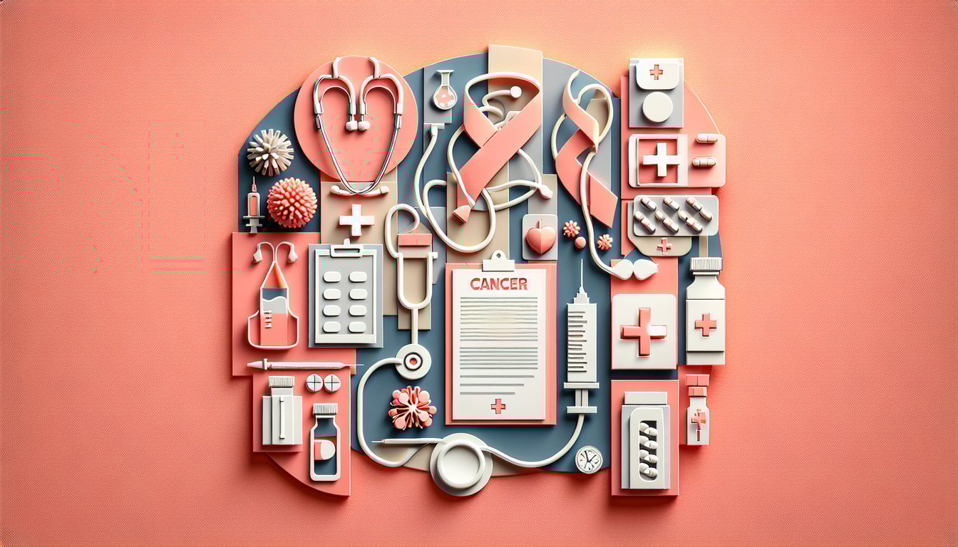 paper art style quiz sheet stethoscope nurse cap cancer ribbon on coral background for free oncology NCLEX quiz