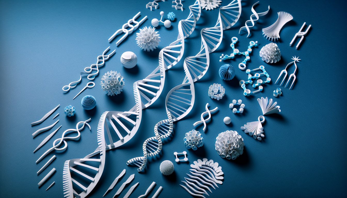 Colorful paper art promoting a trivia quiz on complex genetic inheritance for biology students.
