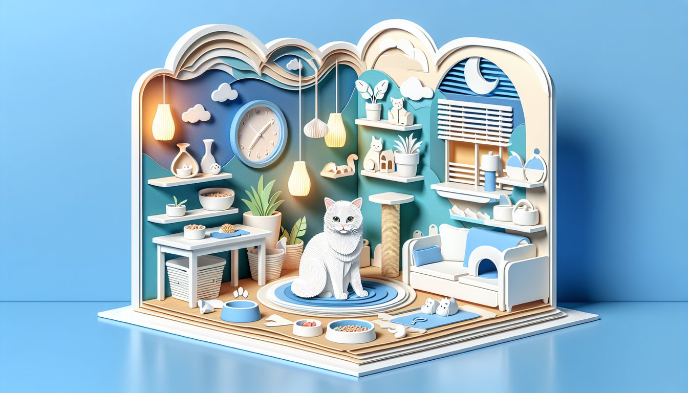 Paper art illustration for quiz about cat separation anxiety on a sky blue background