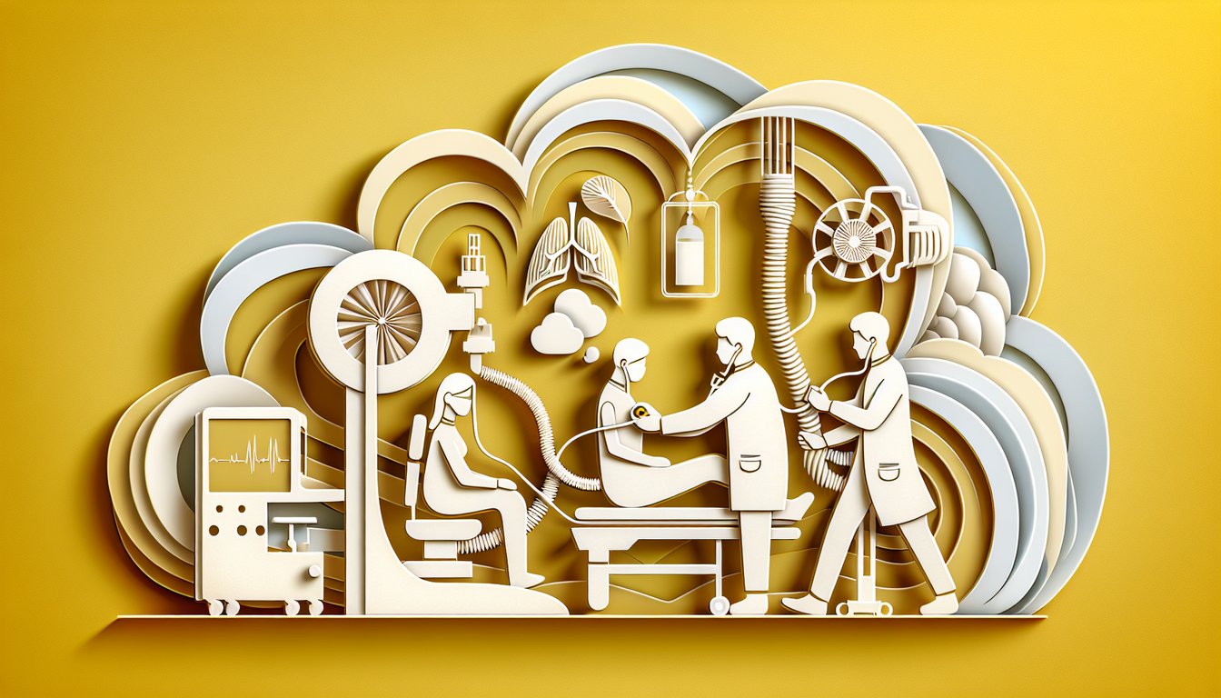Paper art illustration showing quiz theme with lungs xray film ventilator icons on golden yellow background.