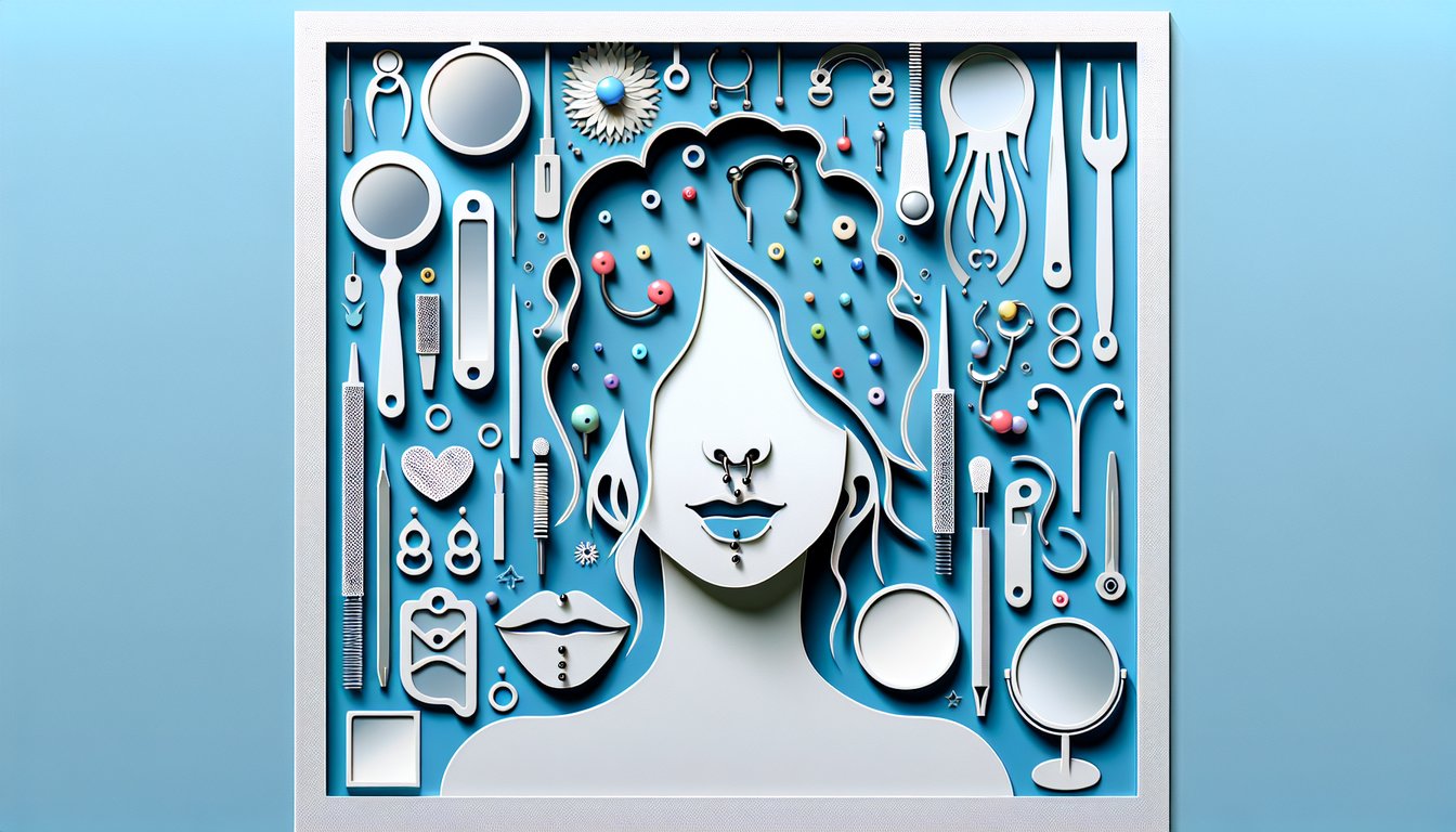 Paper art face wearing septum ring mockup with angle lines style icons quiz graphic on sky blue background
