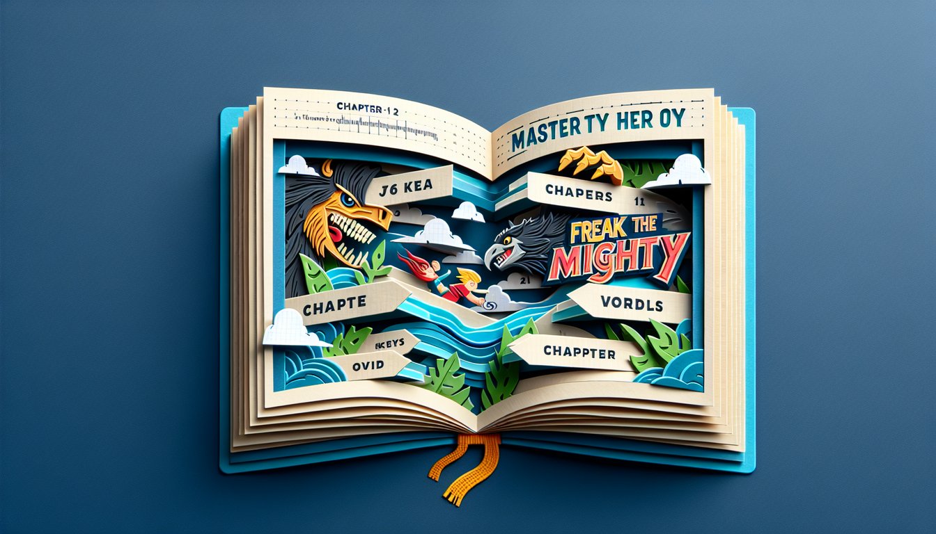 paper art design for Freak the Mighty vocab quiz covering chapters 1 to 10 master chapter 1 keywords on dark blue background