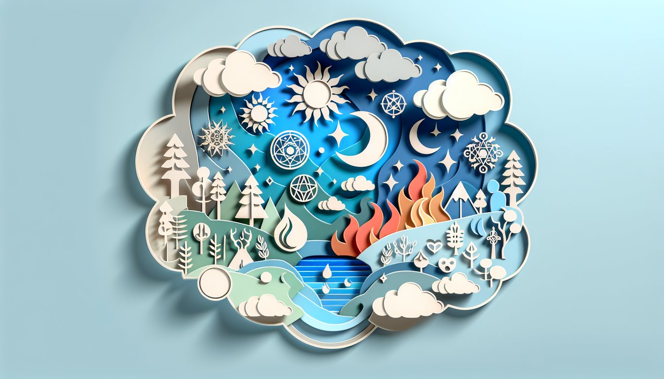 paper art illustration of mystical symbols and nature elements around a central circle on sky blue background