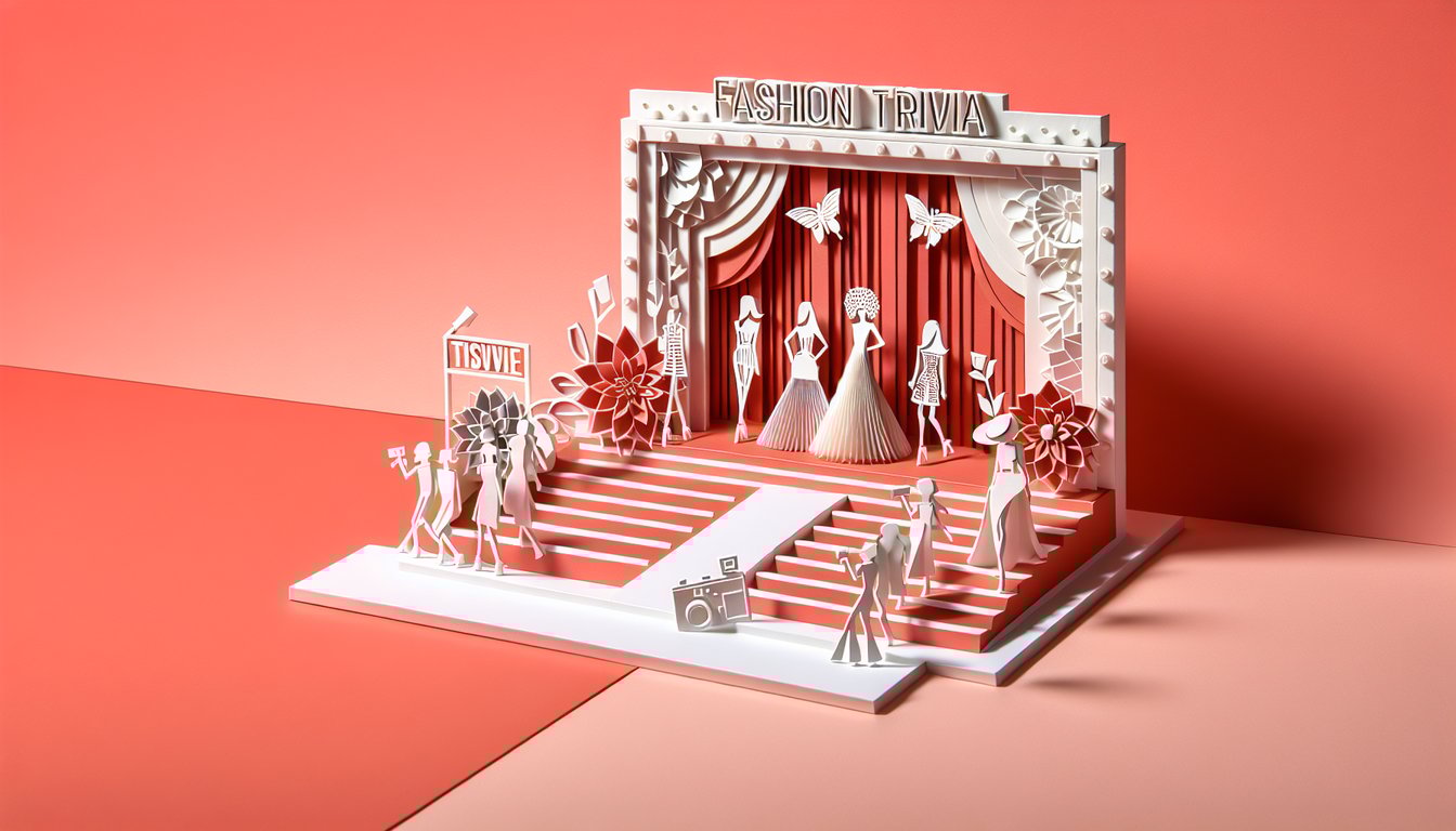 Paper art illustration for fashion trivia quiz on a coral background