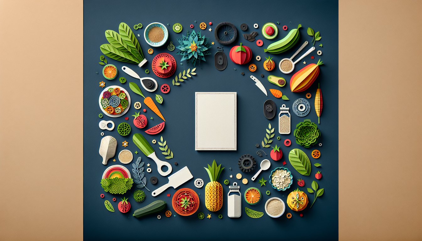Colorful paper art depicting various vegan foods for a knowledge quiz.