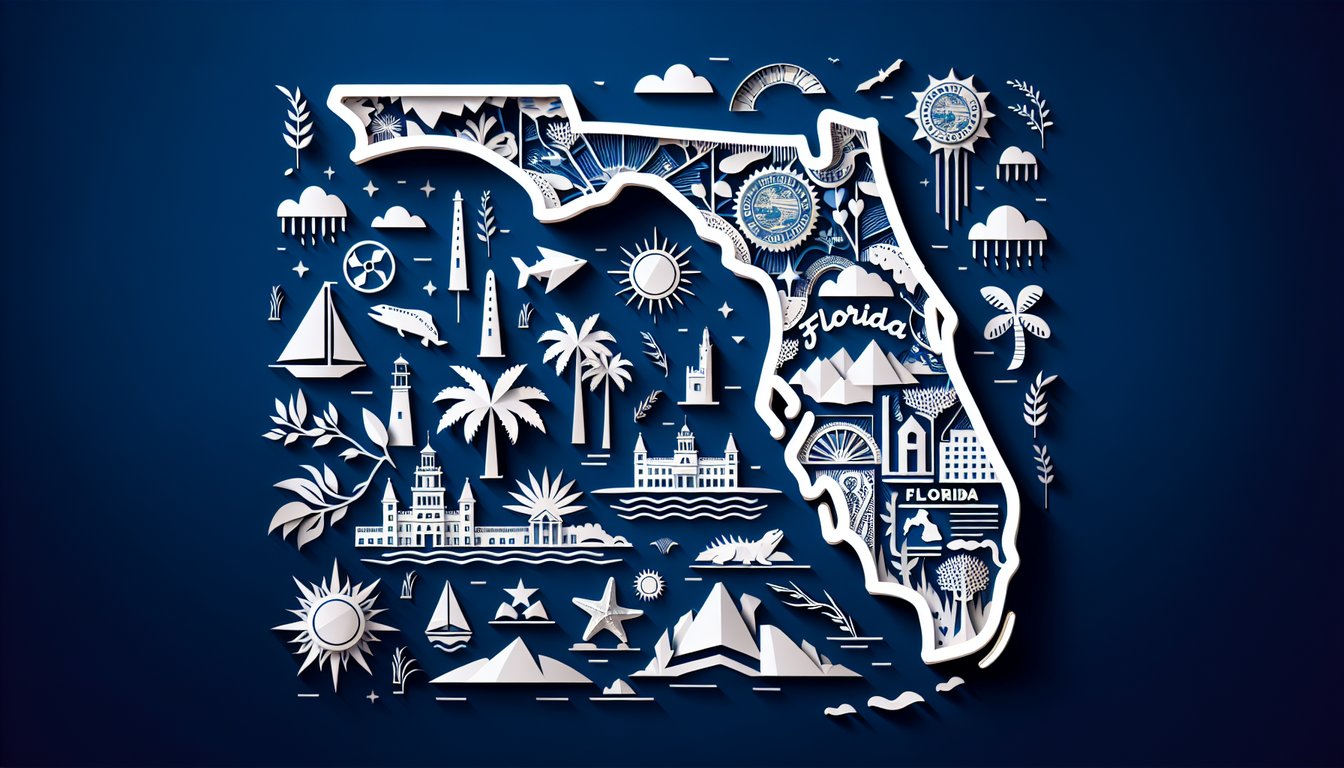 Paper art illustrating a trivia quiz on Floridas history and geography for middle school students.