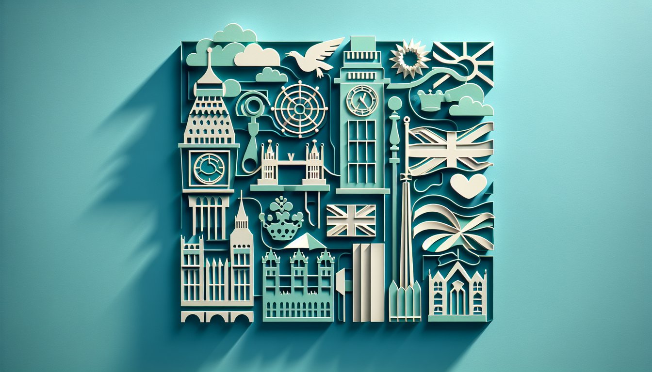 Paper art illustration with bold quiz title on teal background about UK citizenship test British history culture governance