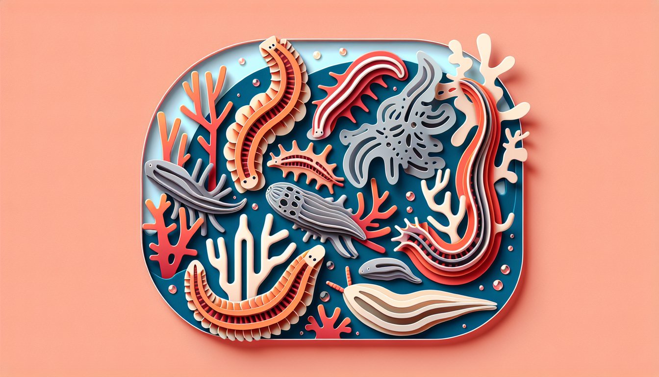 Paper art flatworm shapes and habitat elements on coral background for quiz on species habitats and reproduction methods