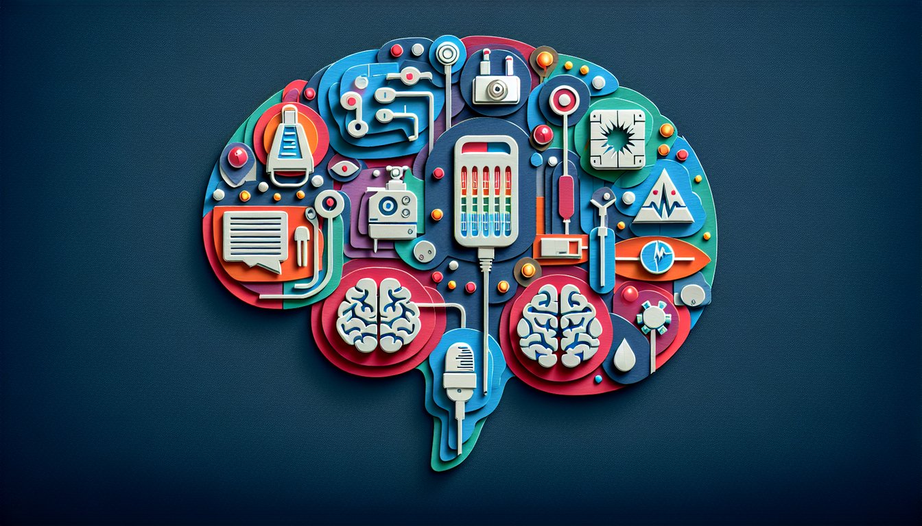 Colorful paper art depicting a quiz on Neurointerventional Device Knowledge Test.