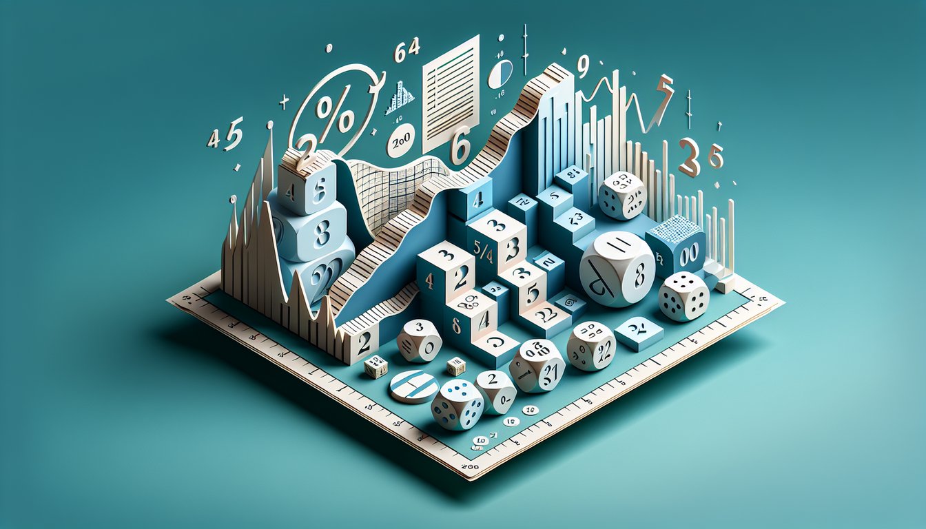 Teal backdrop paper art dice coins bars growing to illustrate sample size impact for Law of Large Numbers quiz