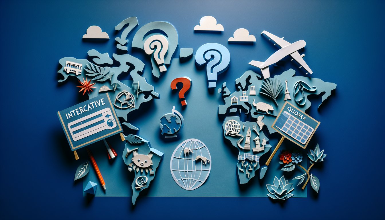 Paper art depicting a geography trivia quiz for middle school students.