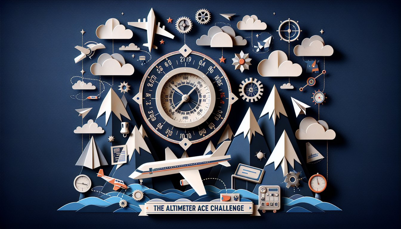 Colorful paper art promoting Altimeter Ace Challenge, a trivia quiz for aviation students.
