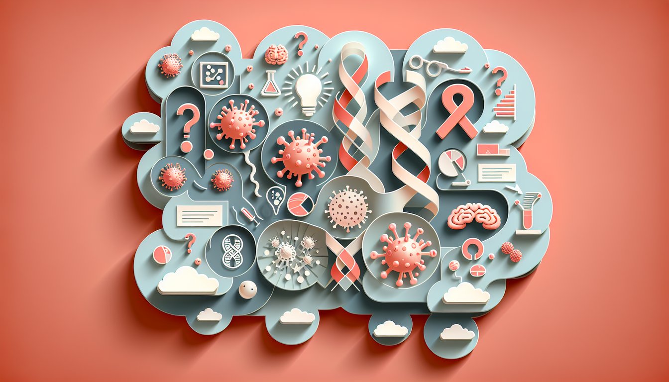 Paper art illustration of stylized viruses and bacteria around quiz title microbiology oncogenic viruses on coral background