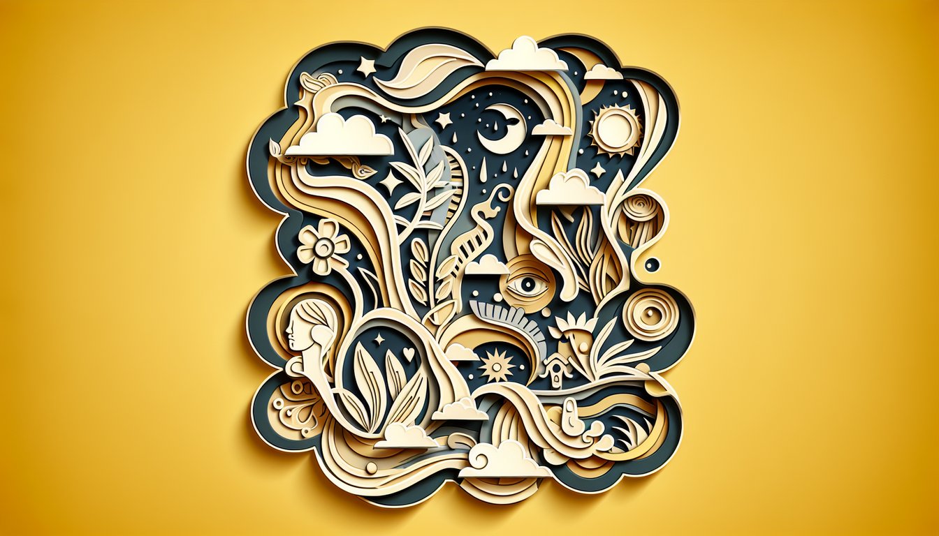 Paper art illustration showing character silhouettes fans lanterns books on golden yellow background for Untamed quiz