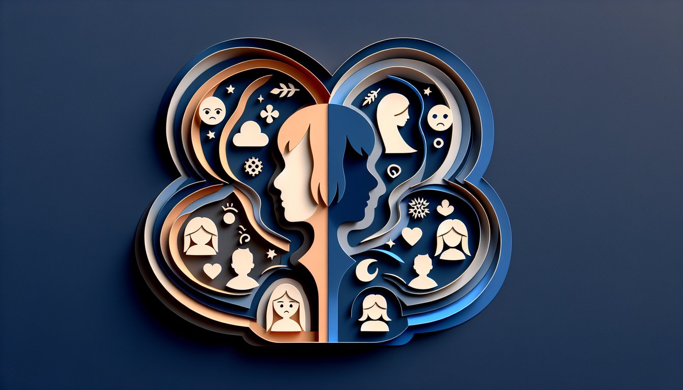 Paper art quiz illustration showing two cousins with crossed arms and question marks on dark blue background.
