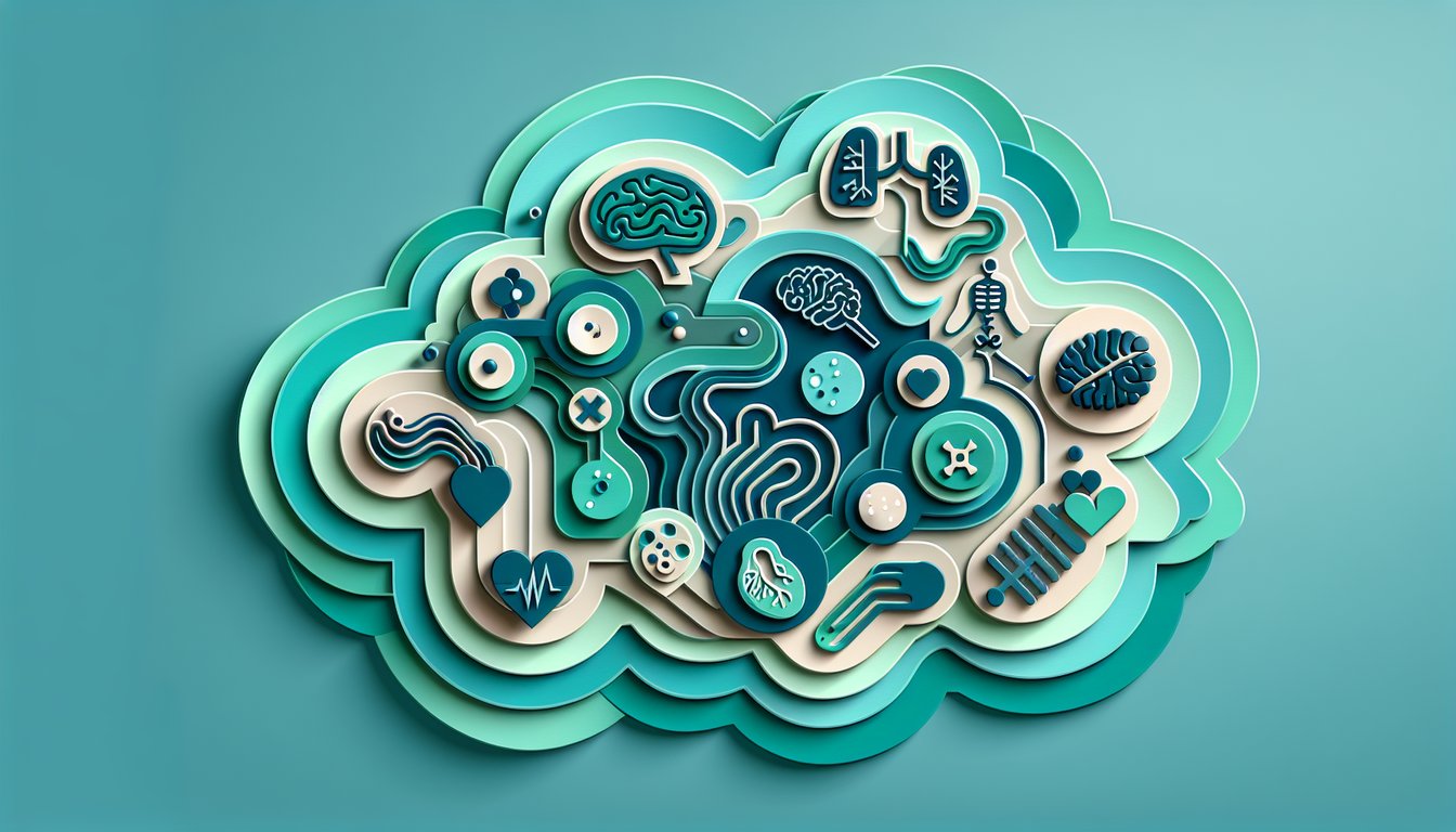 Paper cut shows stylized human organs heart lungs brain kidneys intestines in layered paper art on teal background
