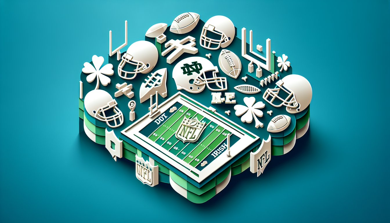 Paper art style teal backdrop with football helmet, inviting Notre Dame trivia and NFL player quiz challenge